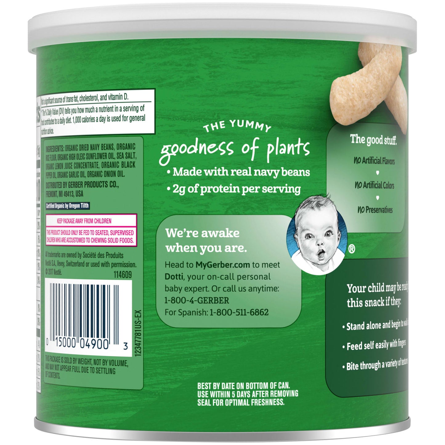 Gerber, Organic for Toddler, Lil' Crunchies, Plant-Tastic, Baked Snack made with Beans, 12+ Months, White Bean Hummus, 1.59 oz (45 g)