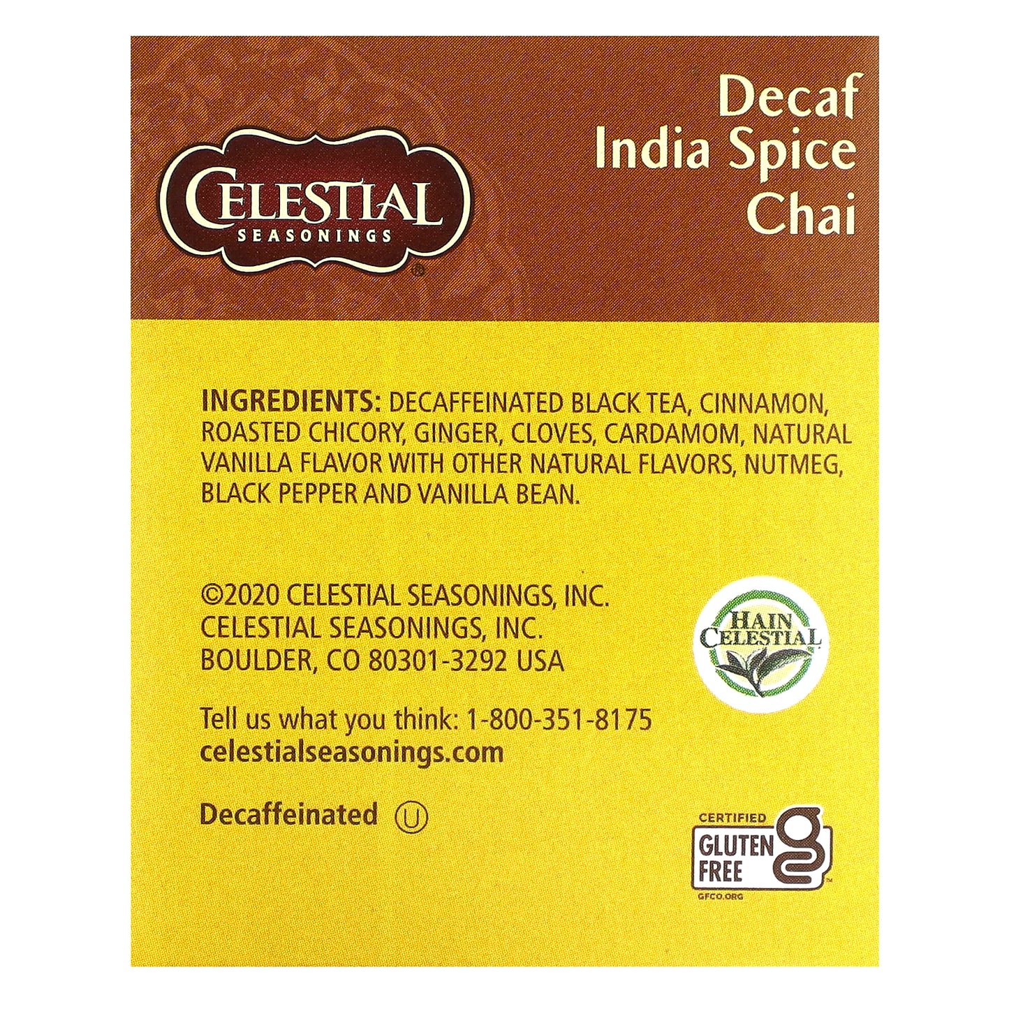 Celestial Seasonings, Black Tea & Exotic Spices, India Spice Chai, Decaf, 20 Tea Bags, 2.1 oz (61 g)