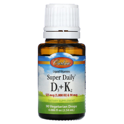 Carlson, Super Daily® D3 + K2, 125 mcg (5,000 IU) & 90 mcg, 0.086 fl oz (2.54 ml)