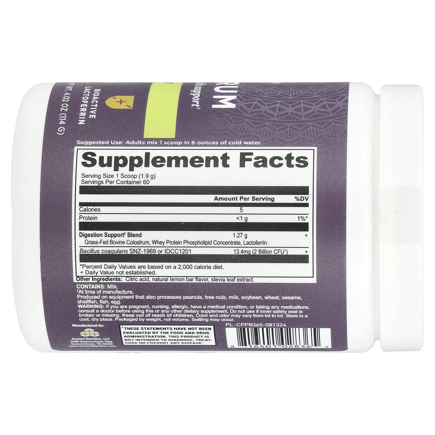 Ancient Nutrition, Colostrum, Lemon Bar, 4.02 oz (114 g)