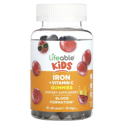 Lifeable, Kids Iron + Vitamin C Gummies, Natural Grape, 60 Gummies