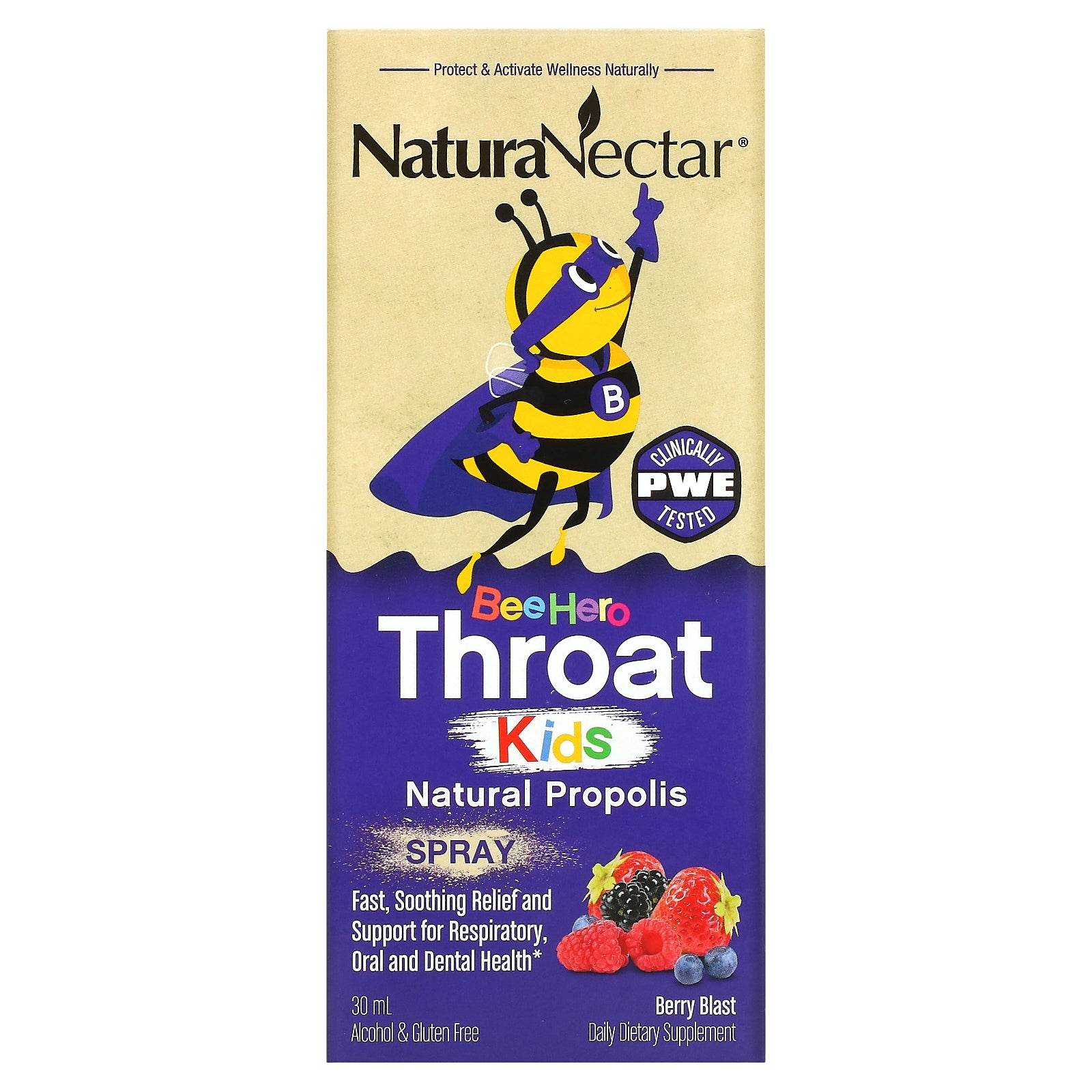 NaturaNectar, Bee Hero Throat Kids, Natural Propolis Spray, Berry Blast, 5 mg, 30 ml