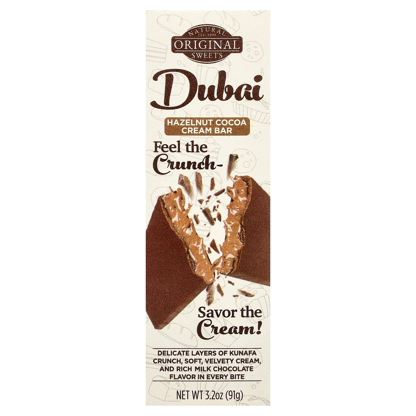 Original Natural Sweets, Dubai Hazelnut Cocoa Cream Bar, 3.2 oz (91 g)