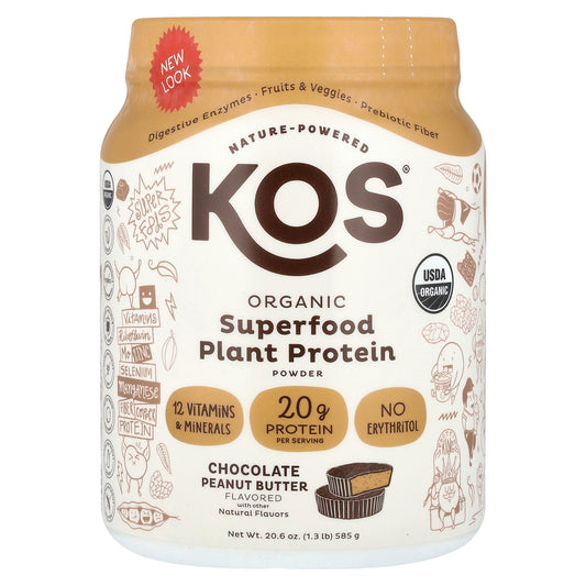 KOS, Organic Superfood Plant Protein Powder, Chocolate Peanut Butter, 1.3 lb (585 g)