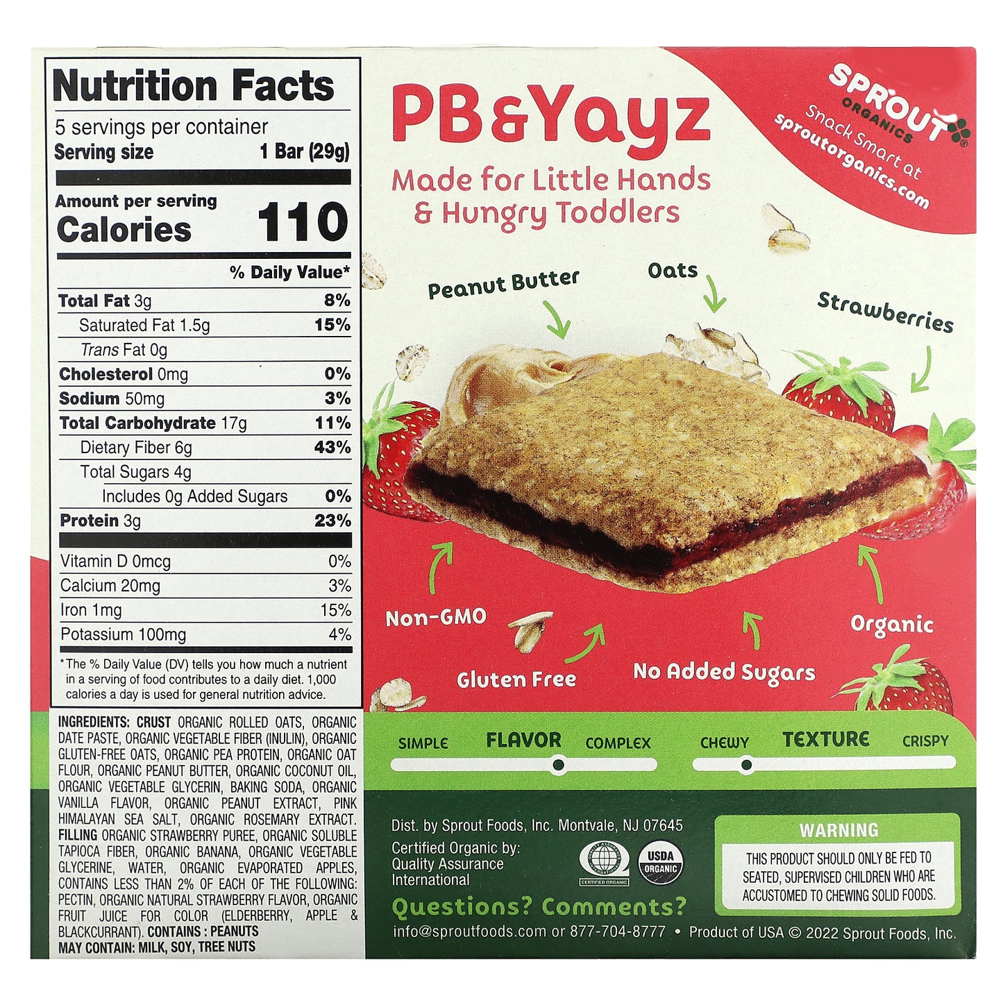 Sprout Organics, PB & Yayz, Organic Snack Sized Sandwich Bar, Peanut Butter & Strawberry, 5 Bars, 1.02 oz (29 g) Each