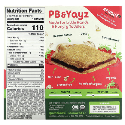 Sprout Organics, PB & Yayz, Organic Snack Sized Sandwich Bar, Peanut Butter & Strawberry, 5 Bars, 1.02 oz (29 g) Each
