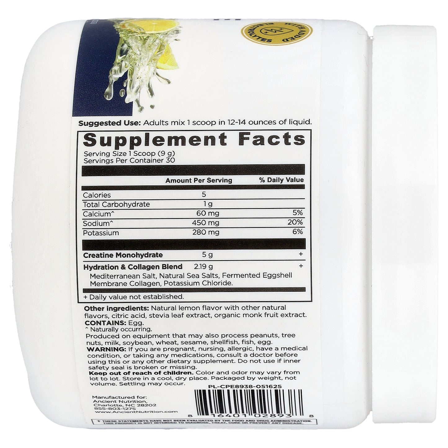 Ancient Nutrition, Creatine + Collagen, Lemon, 9.6 oz (272 g)