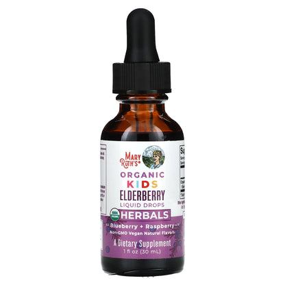 MaryRuth's, Organic Kids Elderberry Liquid Drops, 4-13 Years, Blueberry + Raspberry, 75 mg, 1 fl oz (30 ml)
