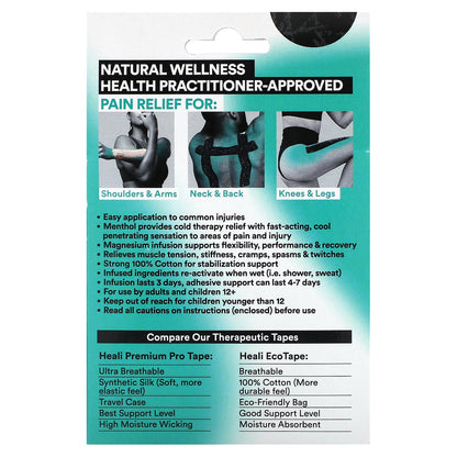 Heali Medical Corp, Cooling Therapeutic Kinesiology Tape, Black, 20 Pre-Cut 100% Cotton Strips