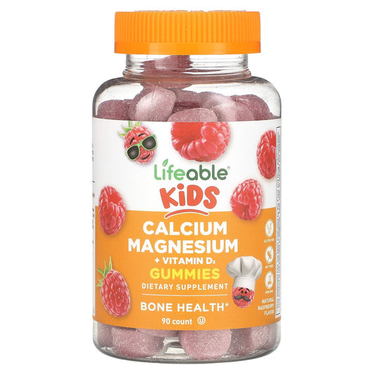 Lifeable, Kids Calcium Magnesium + Vitamin D3 Gummies, Natural Raspberry, 90 Gummies