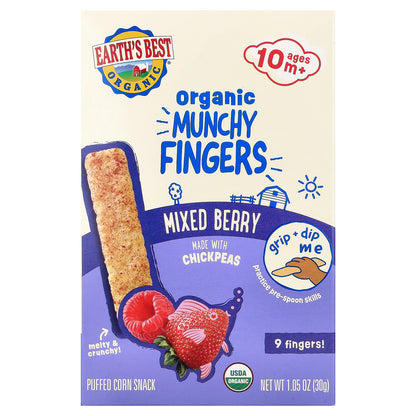 Earth's Best, Organic Munchy Fingers, Puffed Corn Snack, 10+ Months, Mixed Berry, 1.05 oz (30 g)