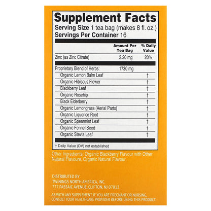 Twinings, Superblends™, Immune Support+ Hibiscus & Elderberry Herbal Tea, Blackberry, Caffeine-Free, 16 Tea Bags, 1.12 oz (32 g)