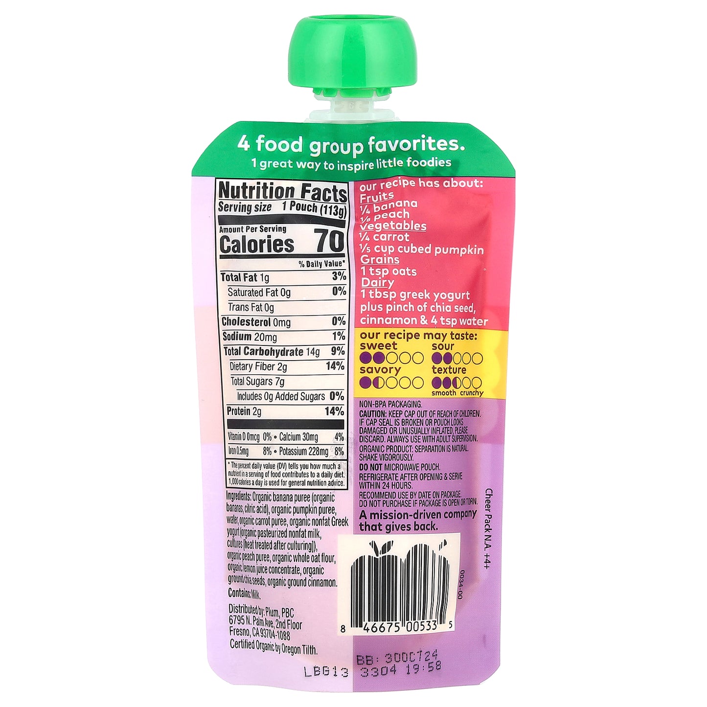 Plum Organics, Tots, Mighty 4®, 4 Food Group Blend, Banana, Peach, Pumpkin, Carrot, Greek Yogurt, Oat, 4 oz (113 g)