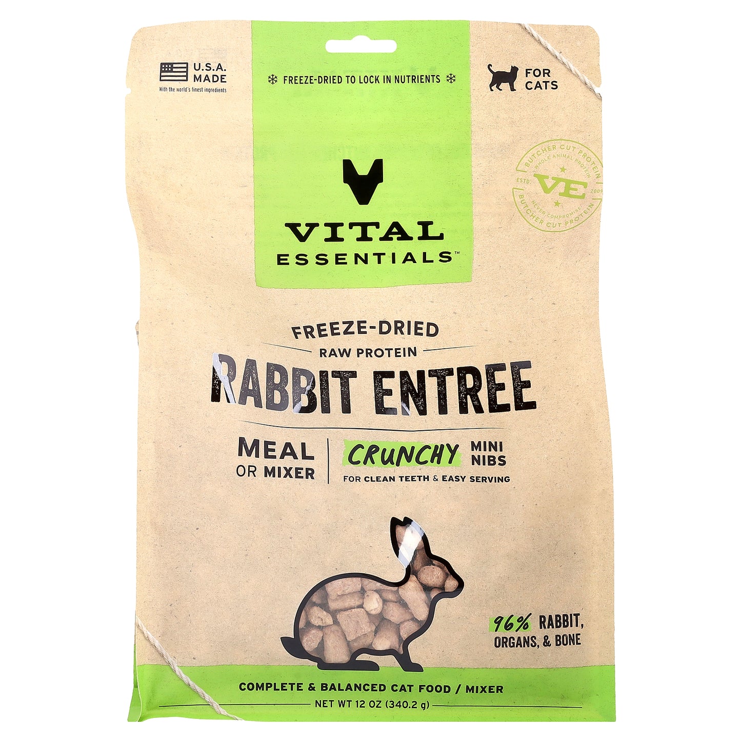 Vital Essentials, Freeze-Dried Raw Protein, Crunchy Mini Nibs, For Cats, Rabbit Entree, 12 oz (340.2 g)