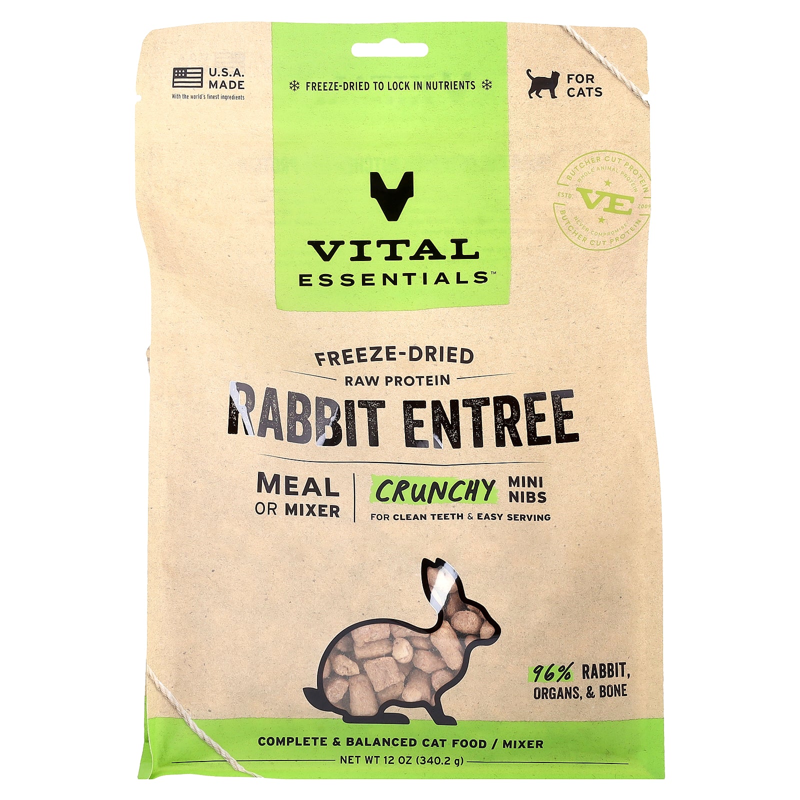 Vital Essentials, Freeze-Dried Raw Protein, Crunchy Mini Nibs, For Cats, Rabbit Entree, 12 oz (340.2 g)