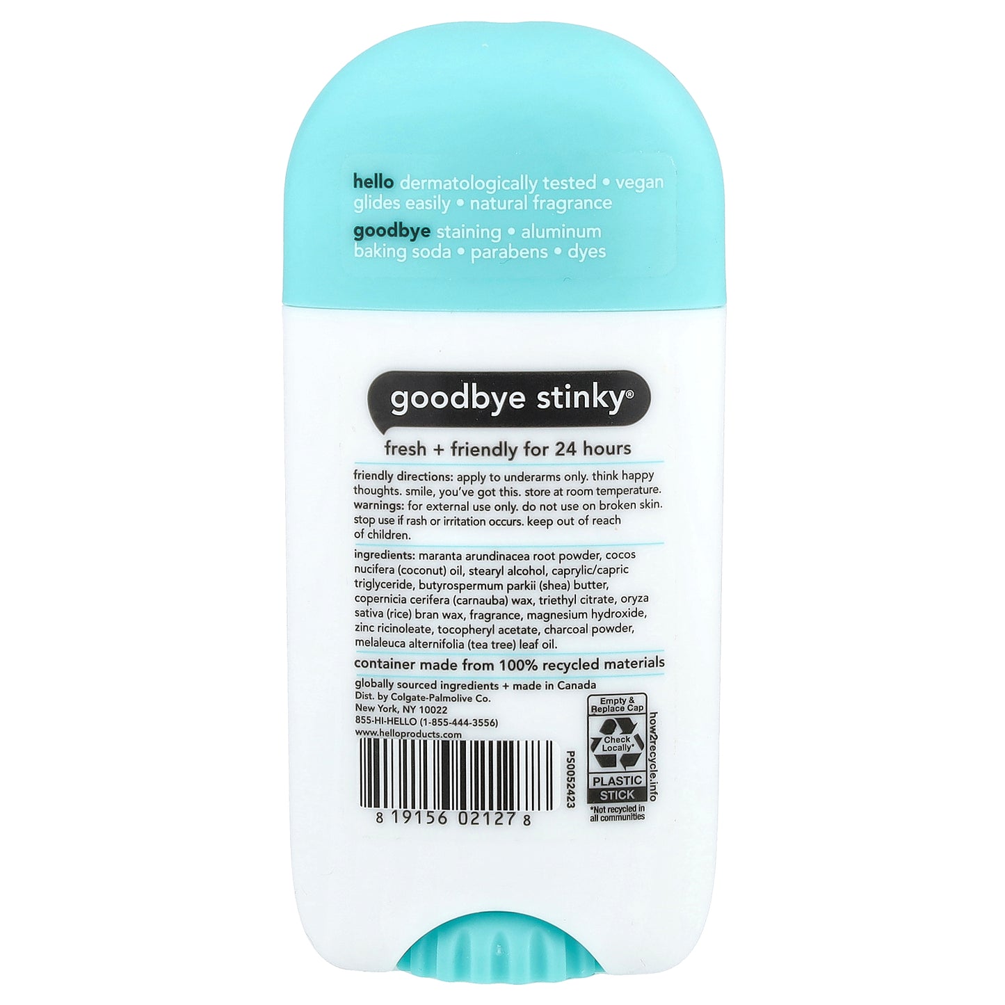 Hello, 24 Hr Deodorant  with Charcoal, Clean + Fresh, 2.6 oz (73 g)