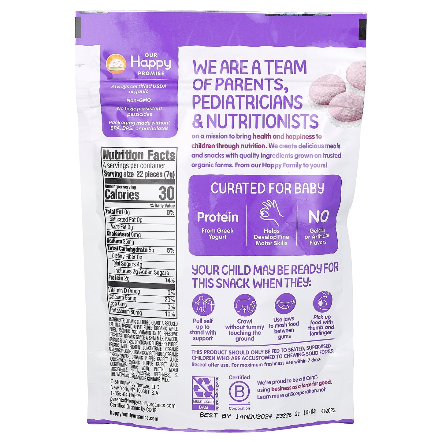 Happy Family Organics, Happy Baby, Organic Greek Yogis, Blueberry & Purple Carrot, 1 oz (28 g)