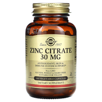 Solgar, Zinc Citrate, 30 mg, 100 Vegetable Capsules