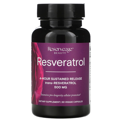 Reserveage Beauty, Resveratrol, 4-Hour Sustained Release, 500 mg, 30 Veggie Capsules