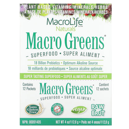 Macrolife Naturals, Macro Greens, Superfood, 12 Packets, 0.3 oz (9.4 g) Each