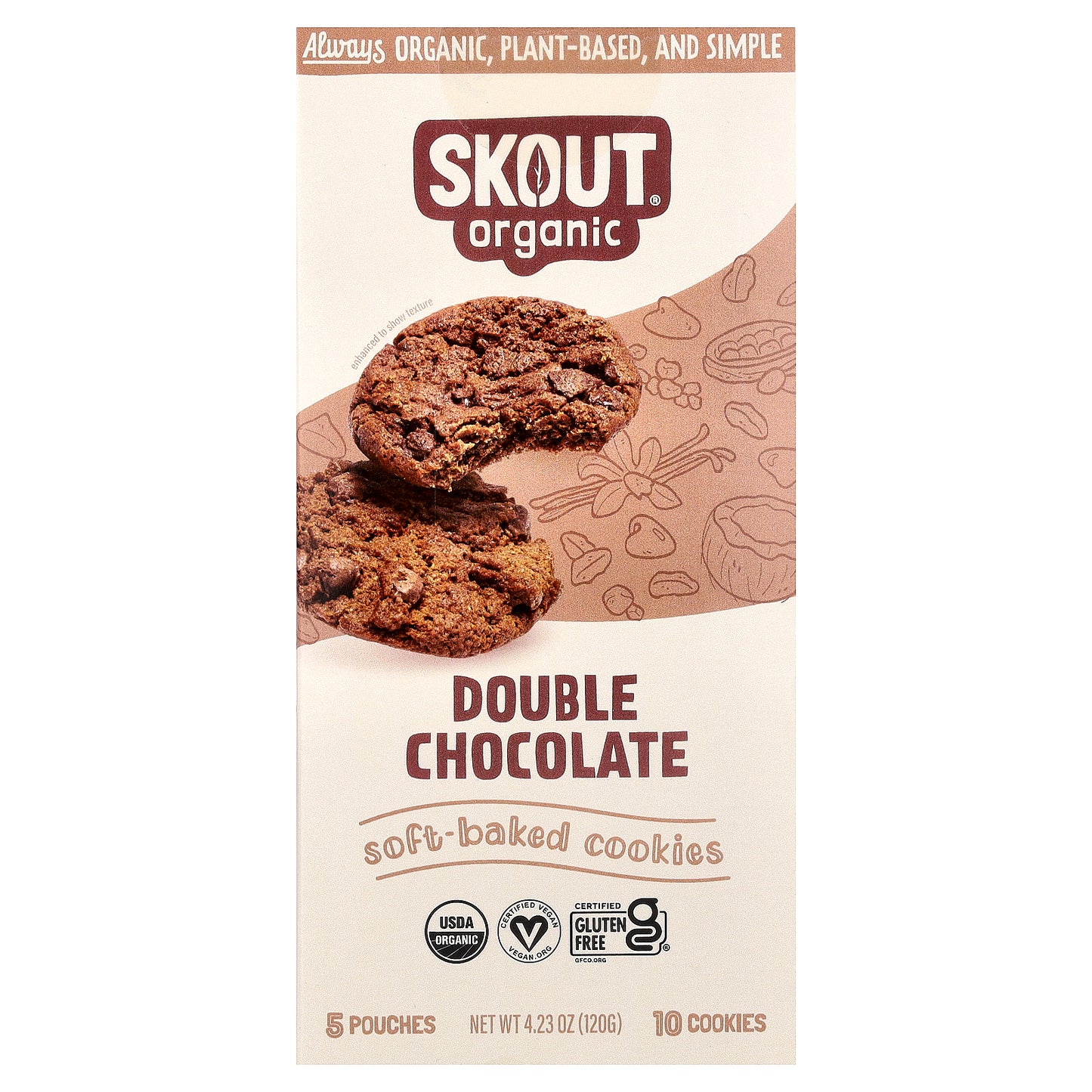 Skout Organic, Soft-Baked Cookies, Double Chocolate, 5 Pouches, 2 Cookies (24 g)  Each