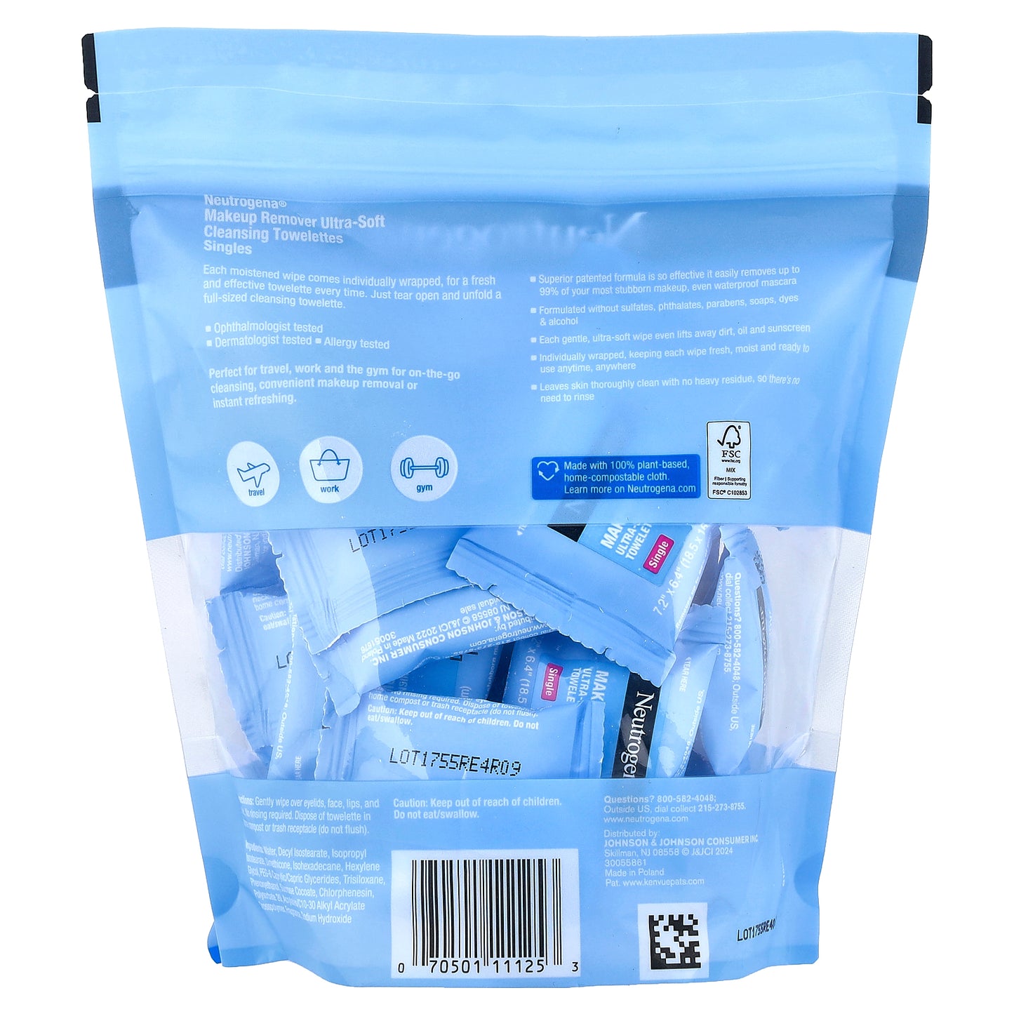 Neutrogena, Makeup Remover, Ultra-Soft Cleansing Towelettes, Singles, 20 Plant-Based Compostable Towelettes