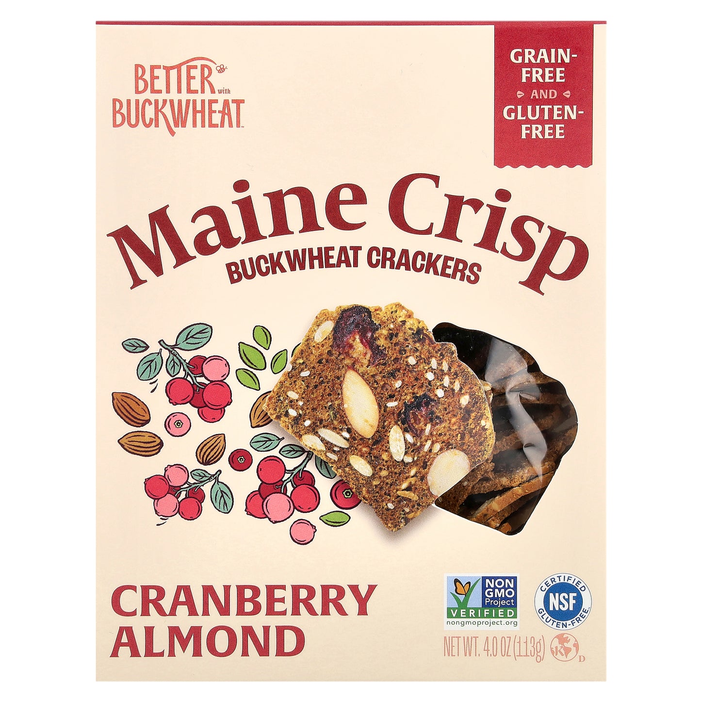 Better with Buckwheat, Maine Crisp Bucketwheat Crackers, Cranberry Almond, 4 oz (113 g)