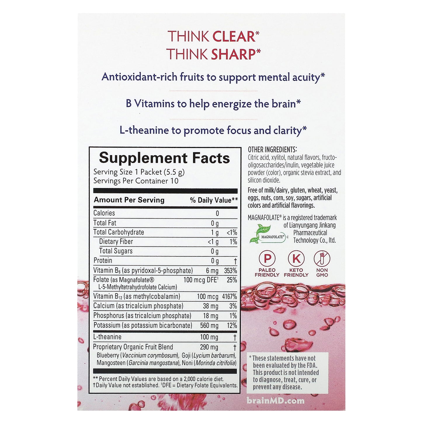 BrainMD, Brain Boost, On-The-Go Think Drink, Caffeine Free, 10 Packets