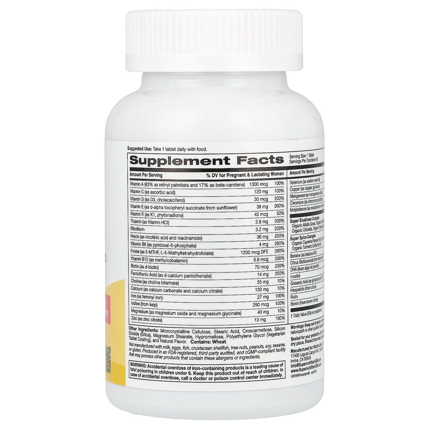 Super Nutrition, Simply One®, Prenatal Multivitamin with Super Greens, Spices, Vitamin A, and Folate, 90 Tablets