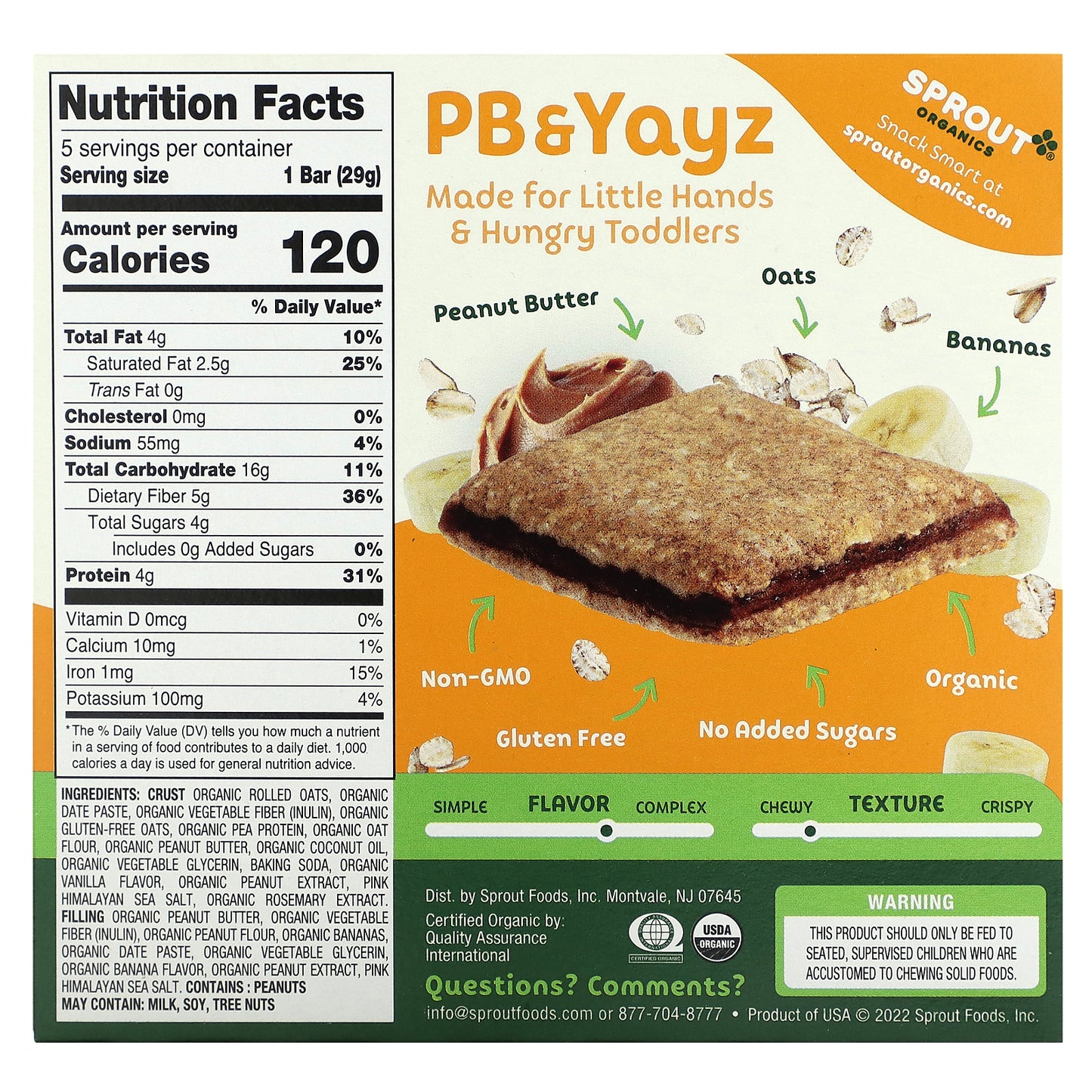 Sprout Organics, PB & Yayz, Organic Snack Sized Sandwich Bar, Peanut Butter & Banana, 5 Bars, 1.02 oz (29 g) Each