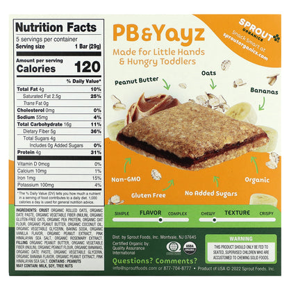 Sprout Organics, PB & Yayz, Organic Snack Sized Sandwich Bar, Peanut Butter & Banana, 5 Bars, 1.02 oz (29 g) Each