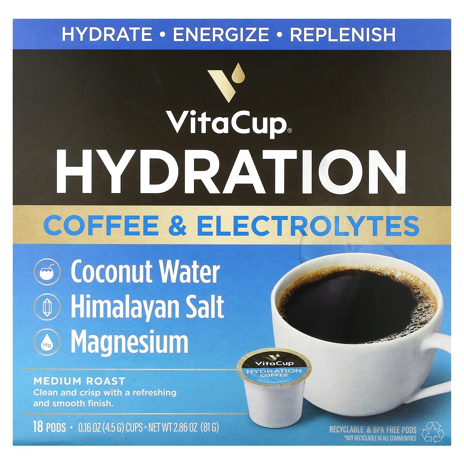 VitaCup, Hydration Coffee & Electrolytes, Medium Roast, 18 Pods, 0.16 oz (4.5 g) Each