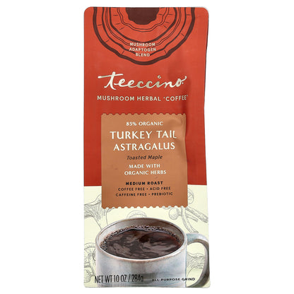 Teeccino, Mushroom Herbal Coffee, Turkey Tail Astragalus, Toasted Maple, Medium Roast, Caffeine Free, 10 oz (284 g)