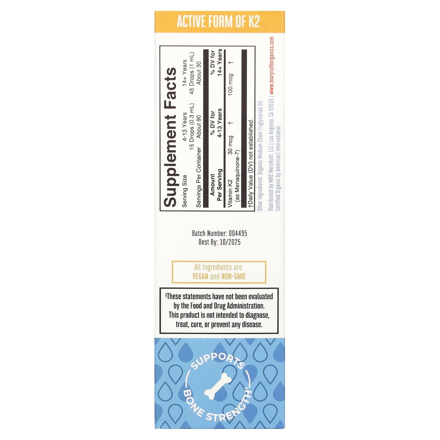 MaryRuth's, Organic Vegan K2 MK7 Liquid Drops, Unflavored, 1 fl oz (30 ml)