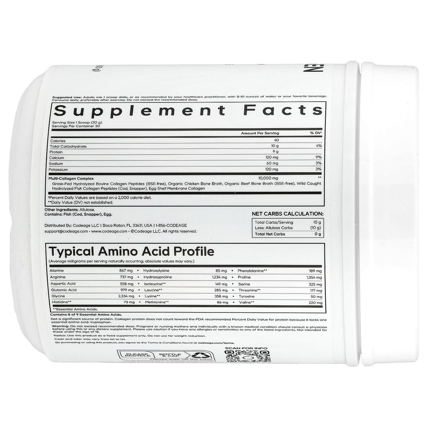 Codeage, Multi Collagen Peptides Allulose, Unflavored, 21.16 oz (600 g)