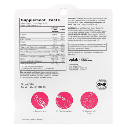 Vplab, Ultra Women's Beauty Collagen Liquid, Tropical Fruits, Strawberry & Kiwi, 10 Liquid Tubes, 3.38 fl oz (100 ml)