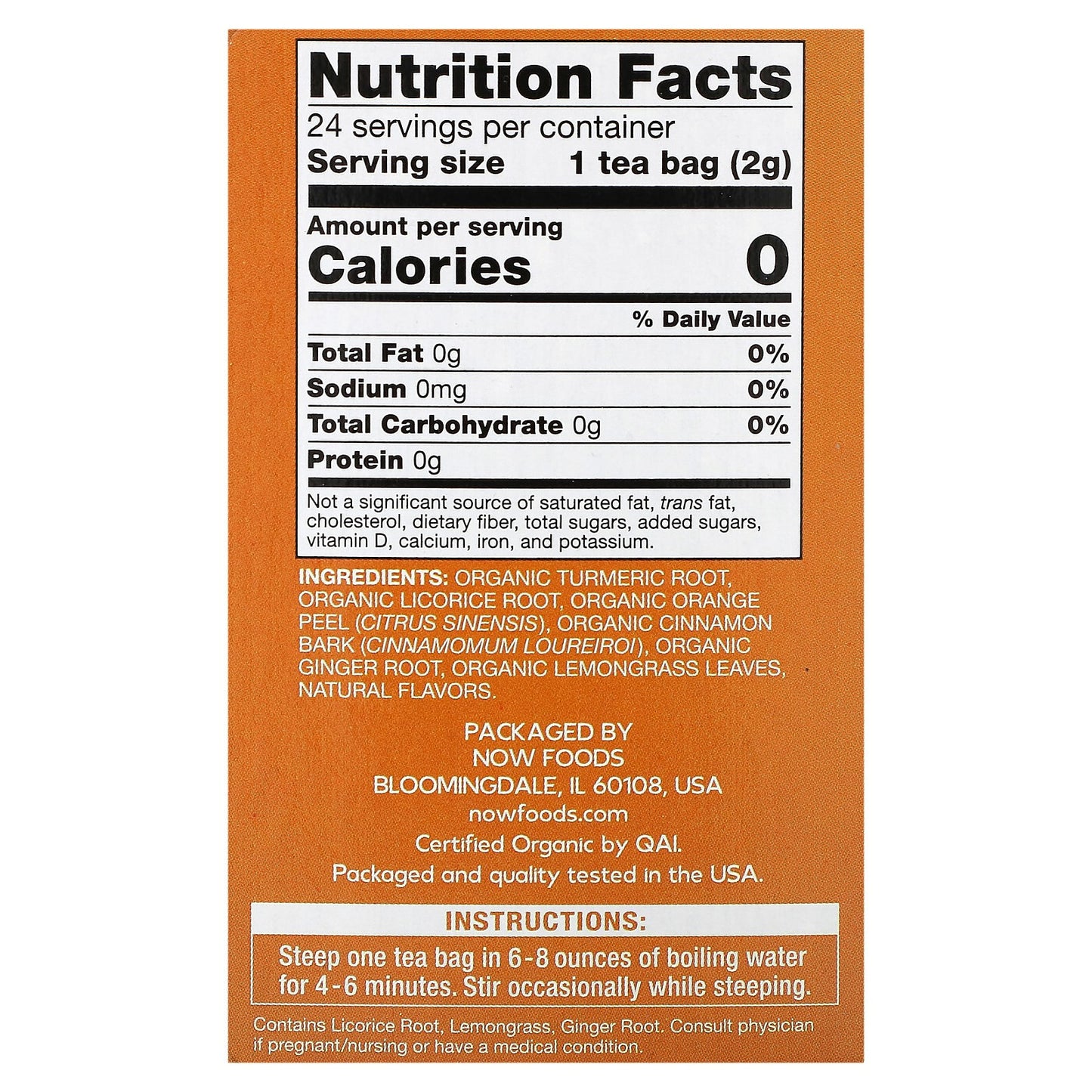 NOW Foods, Organic Turmeric Ginger, Caffeine Free , 24 Tea Bags, 1.7 oz (48 g)