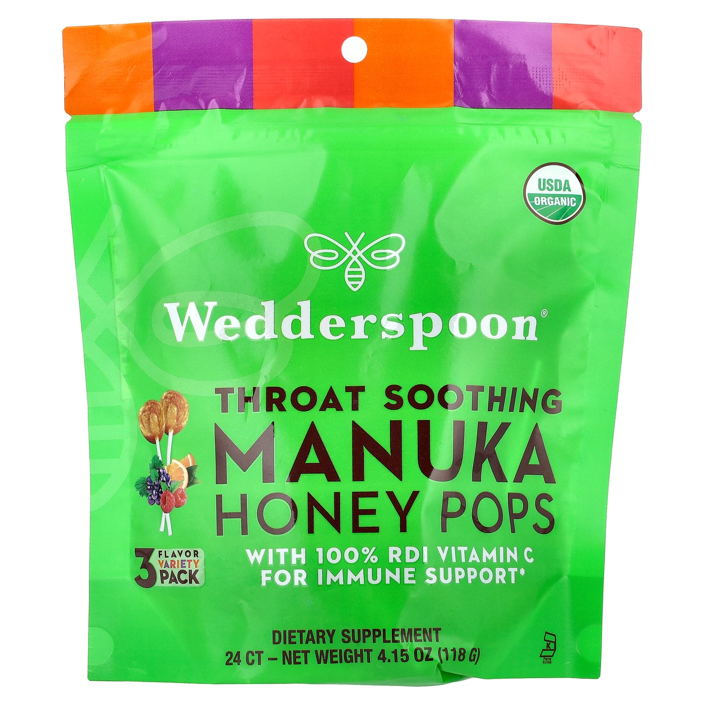 Wedderspoon, Throat Soothing Manuka Honey Pops, 3 Flavor Variety Pack, 24 Count, 4.15 oz (118 g)