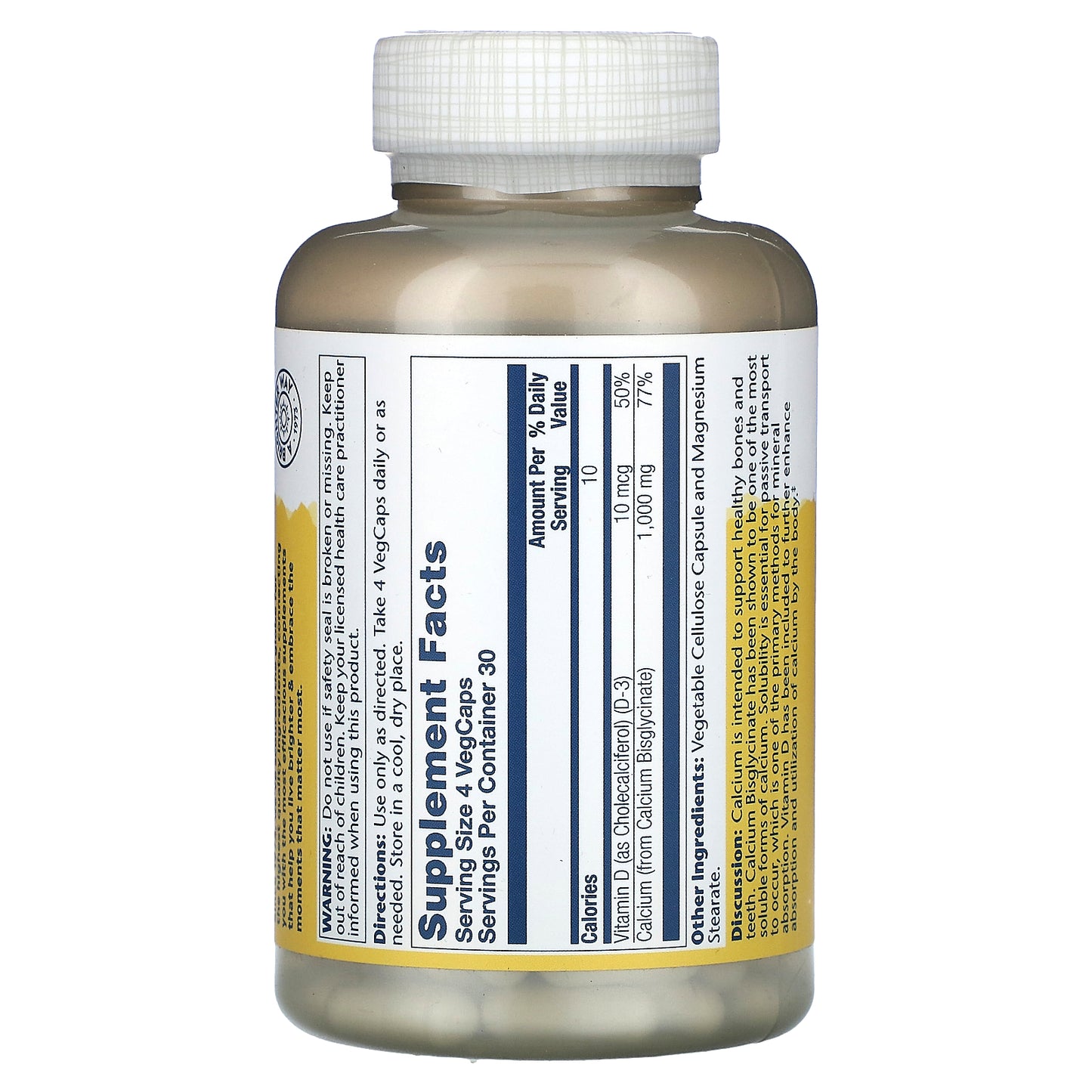 Solaray, Calcium Bisglycinate, With Vitamin D-3, 1,000 mg, 120 VegCaps (250 mg per Capsule)