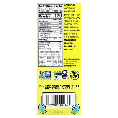 Bobo's Oat Bars, Lemon Poppyseed, 4 Bars, 3 oz (85 g) Each