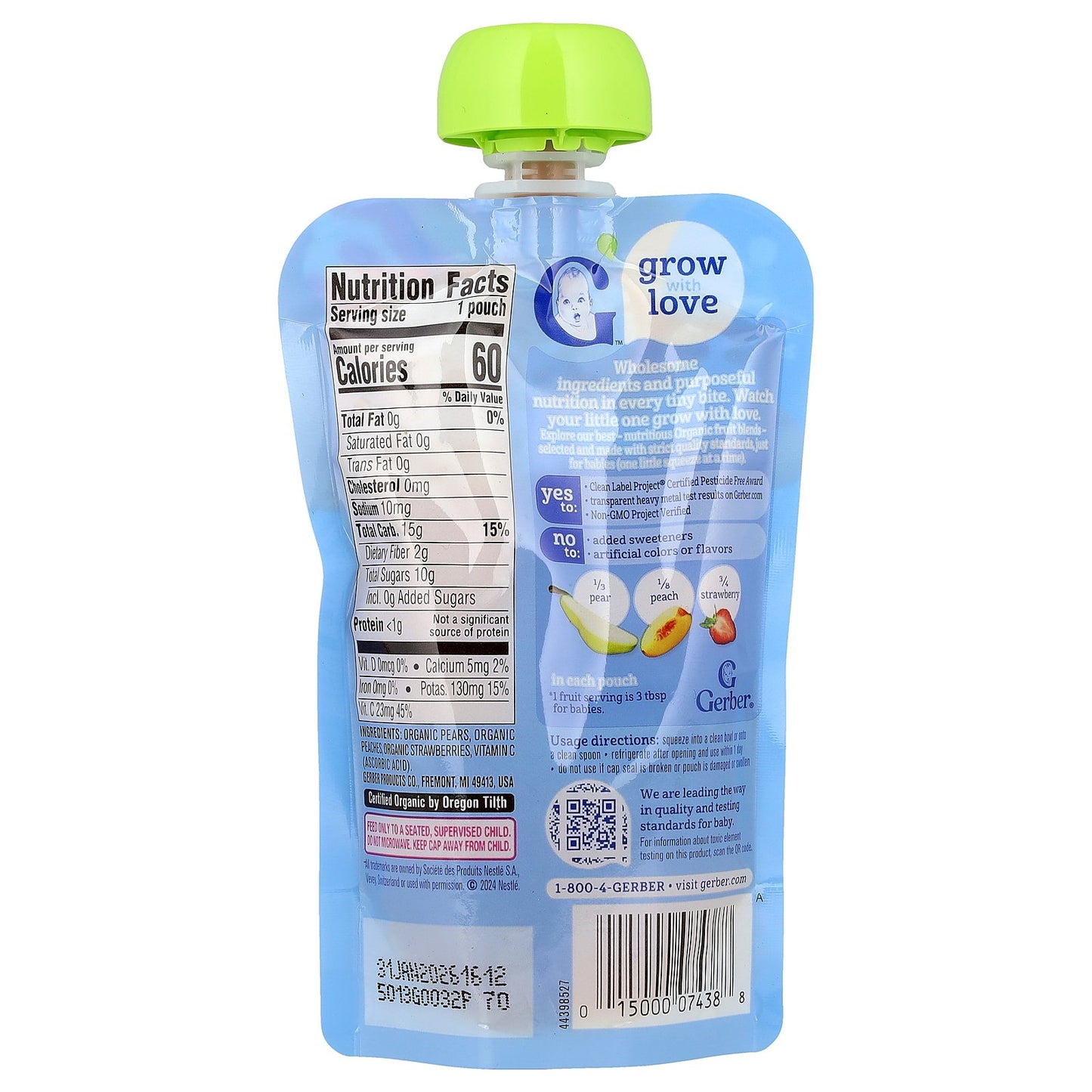 Gerber, Organic Puree, 2nd Foods®, Pear, Peach, Strawberry, 3.5 oz (99 g)