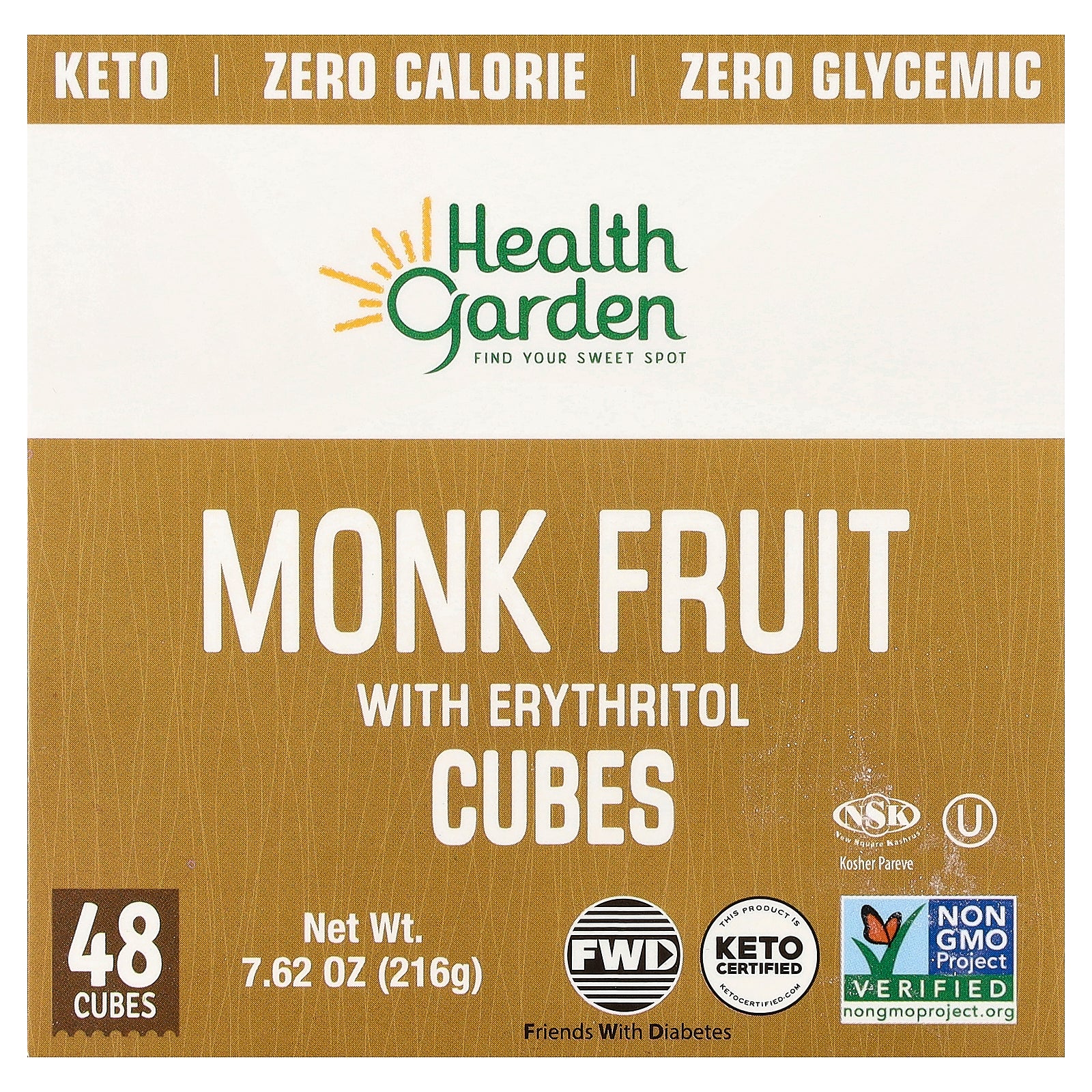 Health Garden, Monk Fruit With Erythritol Cubes, 48 Cubes, 7.62 oz (216 g)