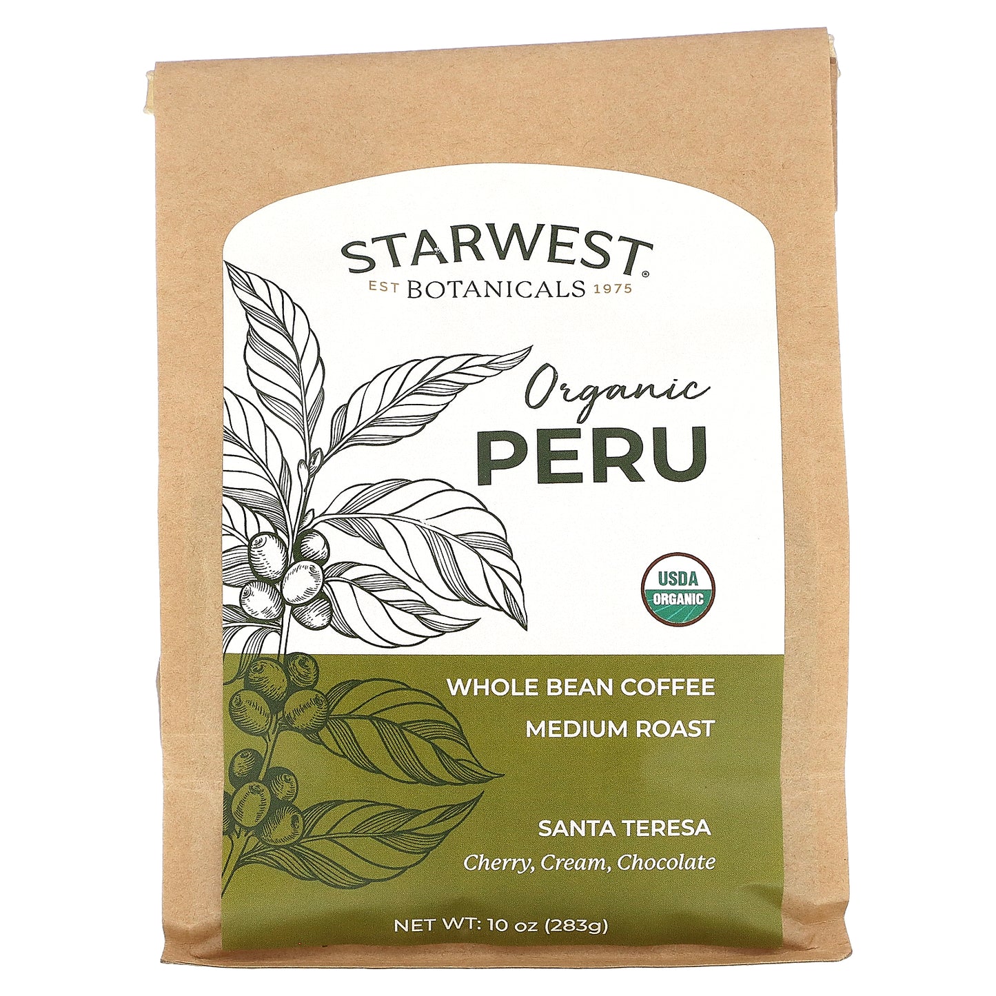 Starwest Botanicals, Organic Peru Coffee, Santa Teresa, Whole Bean, Medium Roast, 10 oz (283 g)