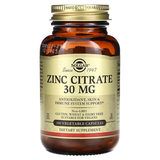 Solgar, Zinc Citrate, 30 mg, 100 Vegetable Capsules