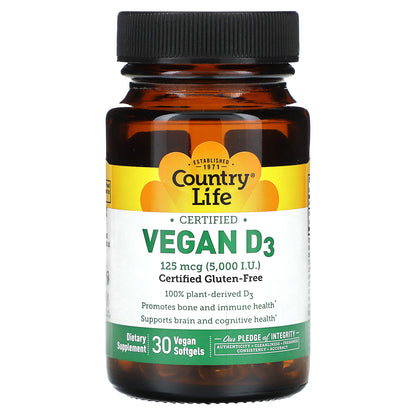 Country Life, Certified Vegan D3, 125 mcg (5,000 IU), 30 Vegan Softgels