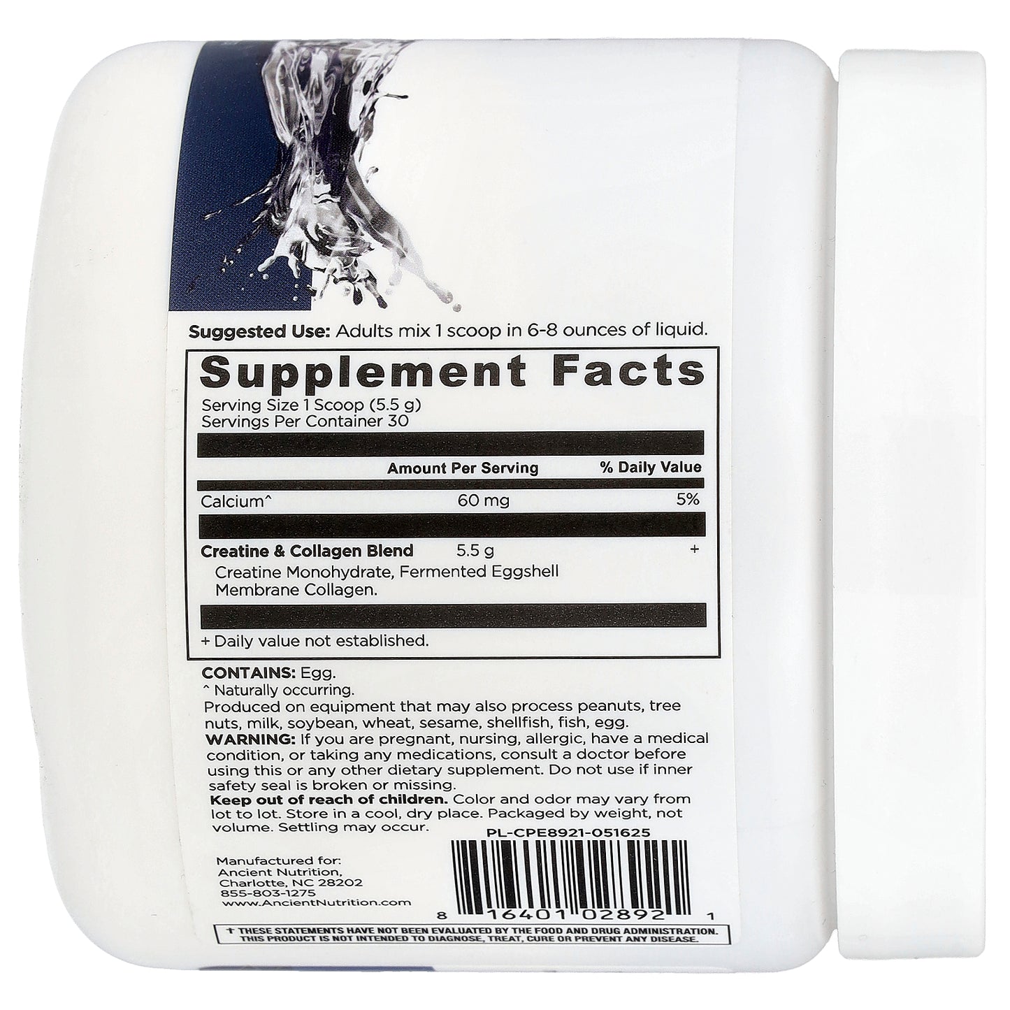 Ancient Nutrition, Creatine + Collagen, Unflavored, 5.8 oz (165 g)