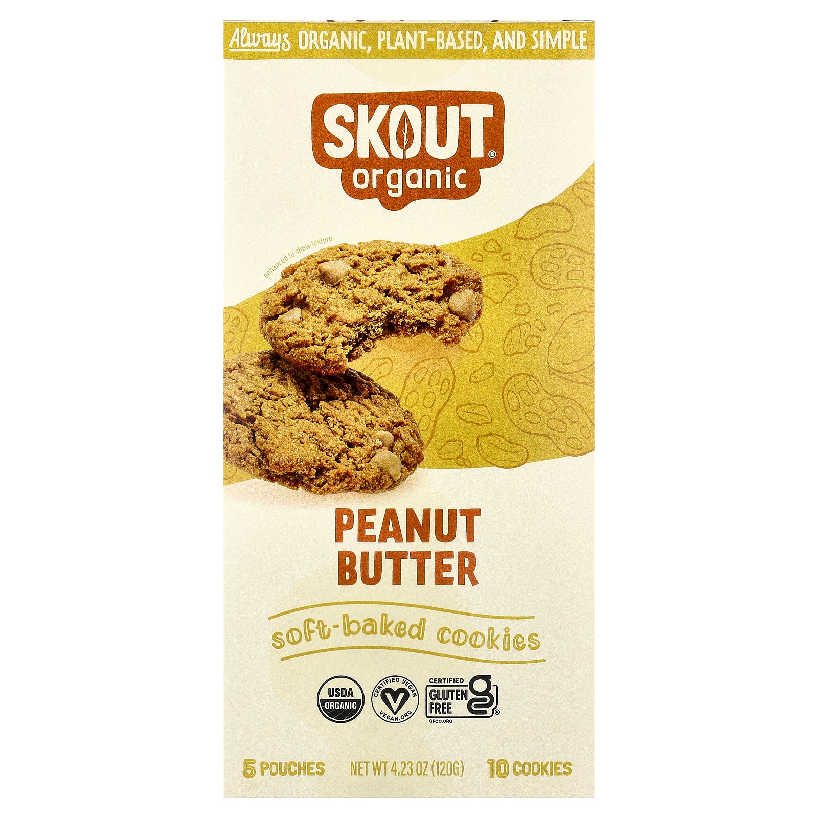 Skout Organic, Soft-Baked Cookies, Peanut Butter, 5 Pouches, 2 Cookies (24 g)  Each