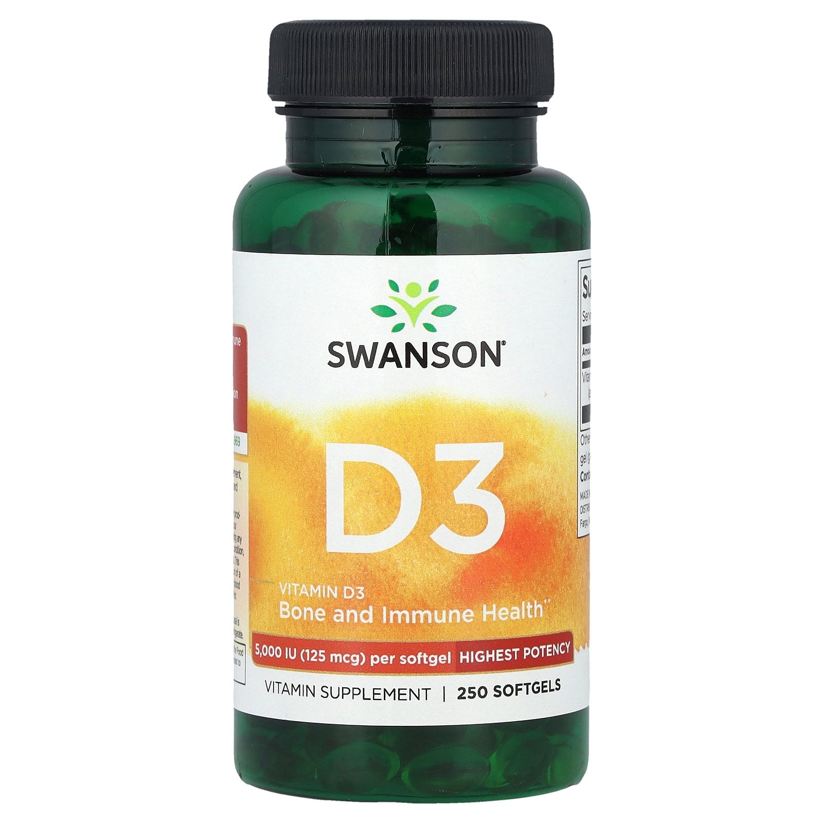 Swanson, Vitamin D3, Highest Potency, 125 mcg (5,000 IU), 250 Softgels