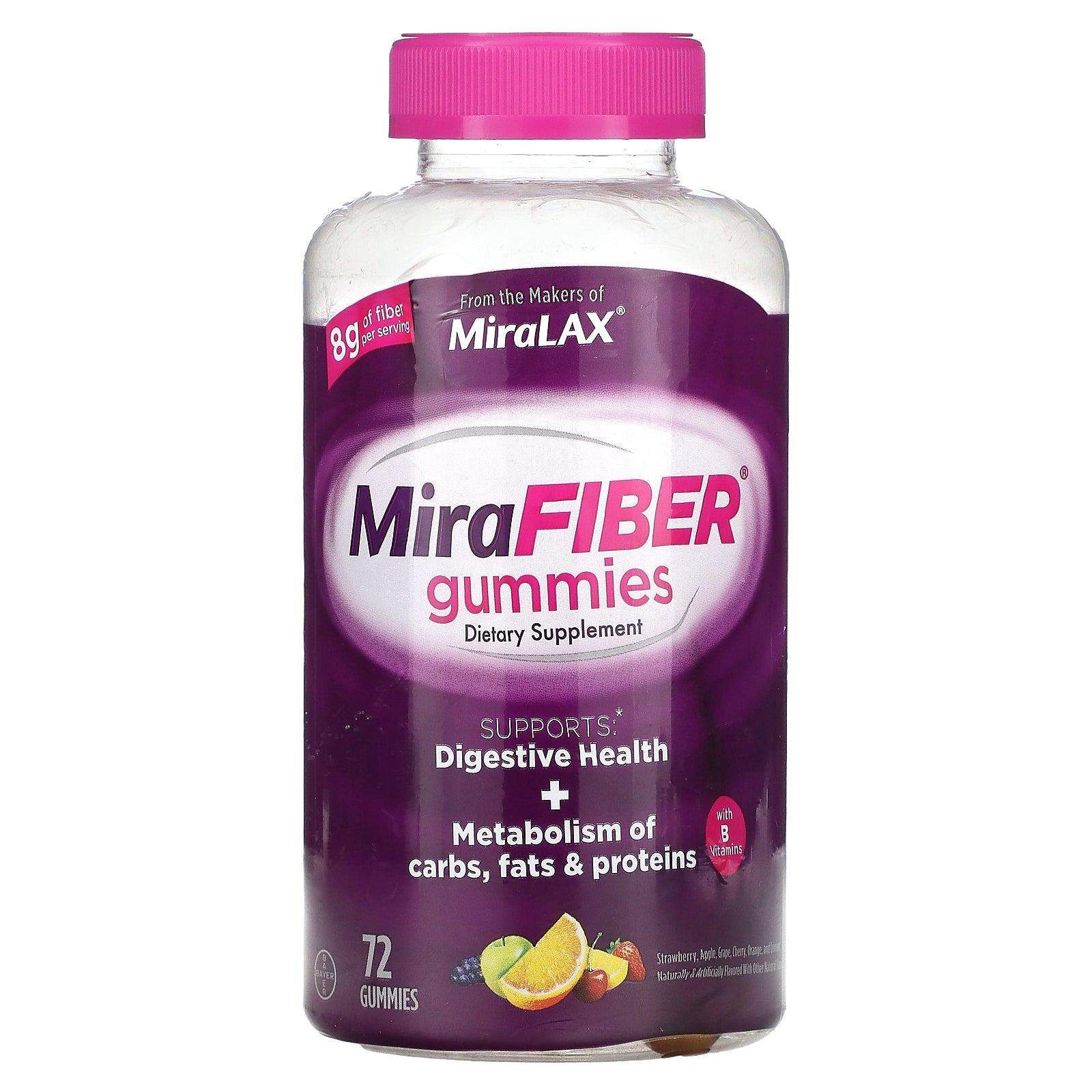 MiraLAX, MiraFiber, Strawberry, Apple, Grape, Cherry, Orange, and Lemon, 72 Gummies