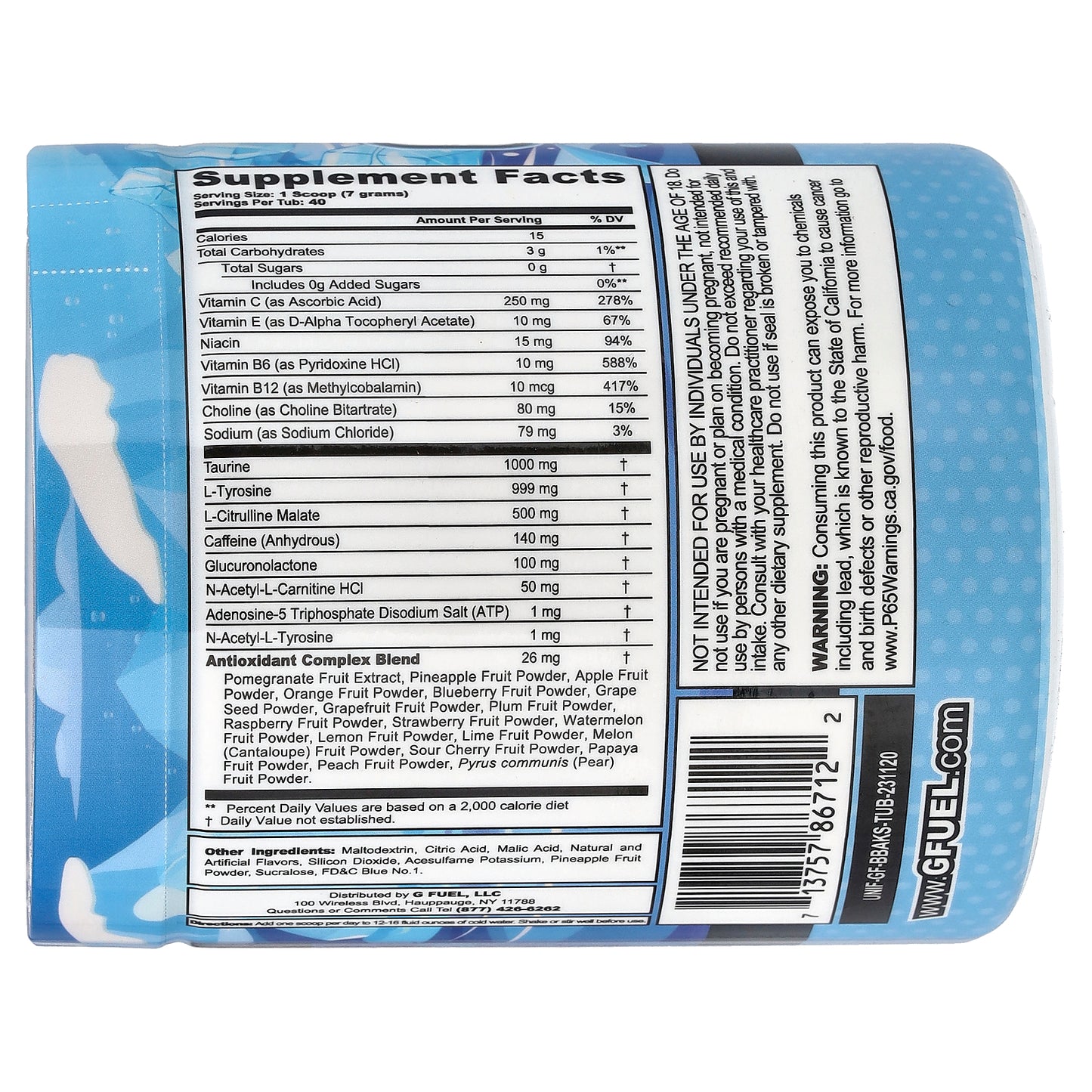 G FUEL, Energy Formula, Blue Ice, Blue Raspberry, 9.9 oz (280 g)